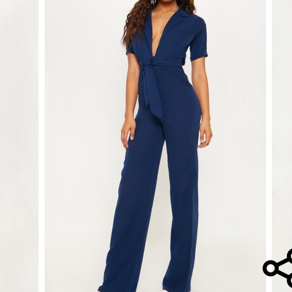 Navy Tailored Tie Waist Wide Leg Jumpsuit - Picture 5 of 5